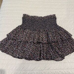 Smocked Floral Ruffle Mini Skirt - Black with Pink & Purple Flowers